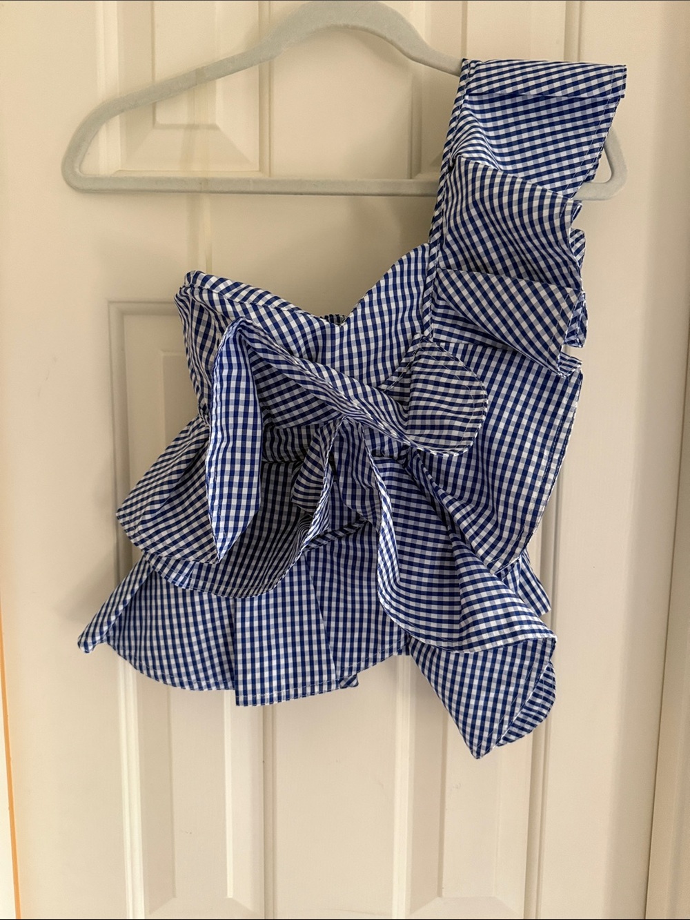 Alpha and Omega One-Shoulder Blue Gingham Ruffle Top